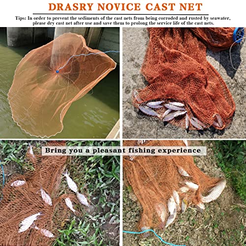 Drasry Saltwater American Fishing Cast Net 3/8inch Mesh Size for Bait Shrimp Trap Fish Heavy Duty Sinkers Throw Net 3FT/4FT/5FT/6FT/7FT/8FT/9FT/10FT Radius - color: yellow, size: 8FT Radius, style: Zinc-iron--tire Lines -3/8" Mesh 1lb/Ft