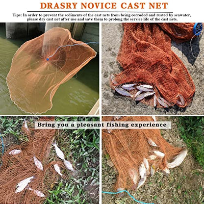 Drasry Saltwater American Fishing Cast Net 3/8inch Mesh Size for Bait Shrimp Trap Fish Heavy Duty Sinkers Throw Net 3FT/4FT/5FT/6FT/7FT/8FT/9FT/10FT Radius - color: yellow, size: 6FT Radius, style: Zinc-iron--tire Lines -3/8" Mesh 1lb/Ft