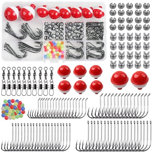 185pcs Fishing Hook Bobbers Tackle Kit,Include Fishing Floats Bobbers,Circle Hooks,Round Split Shot Weights,Octopus Baitholder Hooks Starter Terminal for Trout Catfish Panfish