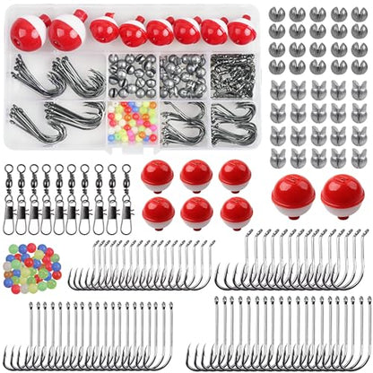 185pcs Fishing Hook Bobbers Tackle Kit,Include Fishing Floats Bobbers,Circle Hooks,Round Split Shot Weights,Octopus Baitholder Hooks Starter Terminal for Trout Catfish Panfish
