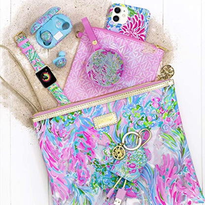Lilly Pulitzer Water Resistant Vinyl Beach Day Pouch, Zipper Bag Includes Drink Hugger, Small Pouch, and Towel Clips - color: Best Fishes