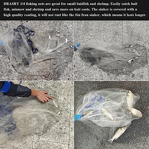 Drasry Saltwater Fishing Cast Net 3/8 and 1/4 Mesh with Heavy Duty Gray Sinker American Monofilament Fish Throw Net for Bait Trap 3FT 4FT 5FT 6FT 7FT 8FT 9FT Radius - size: 7FT Radius, style: 1/4 Mesh 0.88 Lb/Ft