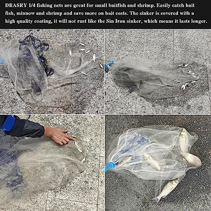 Drasry Saltwater Fishing Cast Net 3/8 and 1/4 Mesh with Heavy Duty Gray Sinker American Monofilament Fish Throw Net for Bait Trap 3FT 4FT 5FT 6FT 7FT 8FT 9FT Radius - size: 9FT Radius, style: 1/4 Mesh 0.88 Lb/Ft