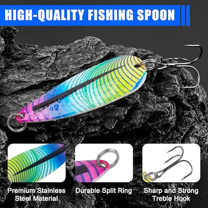 Fishing Spoons Saltwater Fishing Lures,5pcs Trolling Spoon Lure with Treble Hooks Metal Jigs Lures for Bass Trout Tuna Salmon Grouper Freshwater Saltwater - size: 3/16oz(5g)