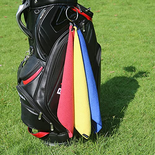 Handy Picks Microfiber Golf Towel (16" X 16") with Carabiner Clip, Waffle Pattern Golf Towel Hook and Loop Fastener - The Convenient Golf Cleaning Towel - color: Red/Blue/Yellow
