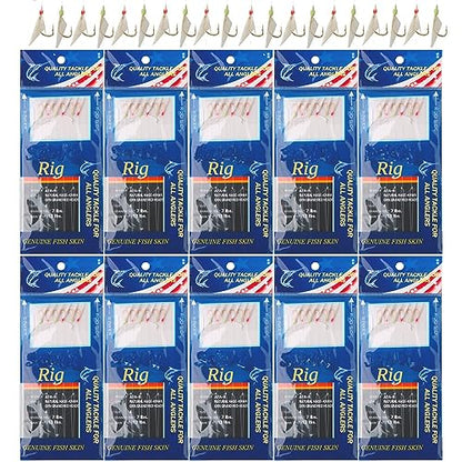 Fishing Bait Rigs Saltwater, 10Packs Surf Fishing Rigs with Fish Skin Feather Fishing Hooks Swivels Glow Beads Rigs Sea Bass Rigs Fishing Bait Lures - color: AFA, size: 8#