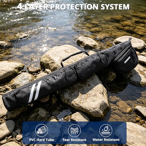 PEKREWS Fly Rod Case, 30.5 inch Fly Fishing Bag Fit 9' 4-Piece Fly Rod and Reel with Padded Reel Pouch, 2 Side Pockets, Portable Hard Travel Fishing Rod Case with Shoulder Strap, Pole Tube For Angler - color: Black
