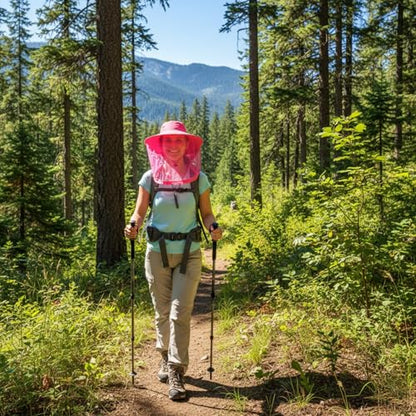 Mosquito Fishing Safari Mesh Net Hat with Neck Flap, Sun Protection Women Men Bug Cap, Hidden Netting Boonie - color: Pink