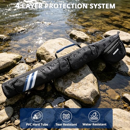 PEKREWS Fly Rod Case, 30.5" Fishing Rod Bag Fit 9' 4-Piece Fly Rod and Reel with 2 Side Pockets, Padded Reel Pouch, Hard Travel Fly Rod Tube with Shoulder Strap, Fishing Pole Holder For Angler, Blue - color: Blue