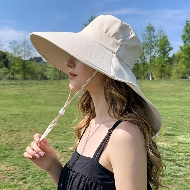 Wide Brim Sun Hat with Neck Flap Foldable Beach Protection Summer Garden Hat with Adjustable Wind Cord for Hiking Fishing Beige