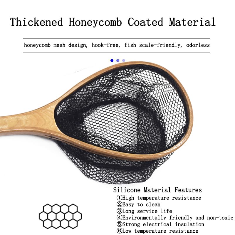 Small Wooden Frame Fly Fishing Landing Net With Soft Rubber Mesh for Trout Bass Catch and Release - Fishing Gear - color: Straight Handle
