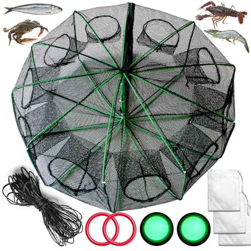 Fishing Bait Trap Crab Trap Minnow Traps, Foldable Net for Blue Crabs Lobster Shrimp Crawfish with Rope and Crabbing Equipment - color: Black-1 Pack, size: 10 Holes-28.7" x 10.2"
