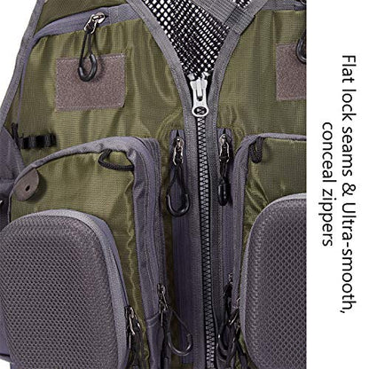 BASSDASH Strap Fishing Vest Adjustable for Men and Women, for Fly Bass Fishing and Outdoor Activities - color: Army Green With Hard Shell Flies Pockets