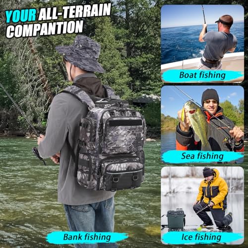 Tactical Fishing Backpack with Tackle Boxes, Rod Holders & Bottle Holder, 50 L Large Tackle Box Backpack with Cooler, Fishing Tackle Bag Store Gear & Equipment, 900 D Oxford, Camouflage Black - color: Gray CM