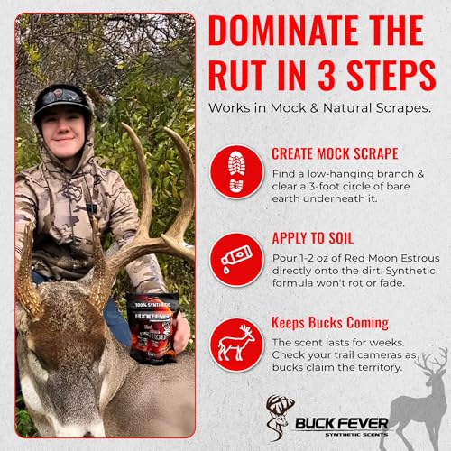 Buck Fever Red Moon Estrous – Synthetically Formulated Deer Liquid Attractant – Non-Spoiling, Sweet Synthetic Buck Attractant Scent – Moisture Reactivated Mature Rutting Buck Scent - size: 2oz (12-pack)