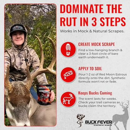 Buck Fever Red Moon Estrous – Synthetically Formulated Deer Liquid Attractant – Non-Spoiling, Sweet Synthetic Buck Attractant Scent – Moisture Reactivated Mature Rutting Buck Scent - size: 2oz (12-pack)
