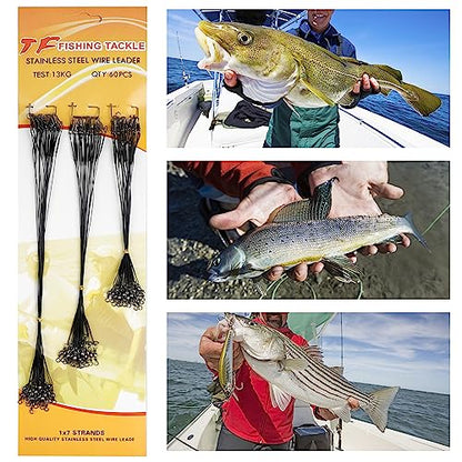 Fishing Leaders Saltwater,60pcs Stainless Steel Wire Leaders with Swivels Snap High Strength Fishing Line Leader for Connect Fishing Tackle Lure Bait Rig Hooks,6/8/10inch - color: Black - 60pcs (6"+8"+10")