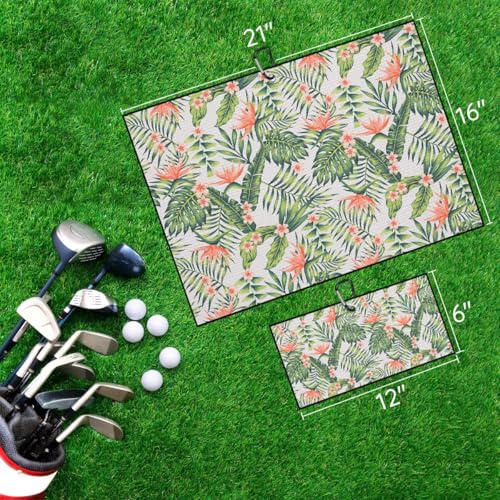 Pink Flower in Green Tropical Golf Towel for Golf's Bags Botanical Plant Golf Towels with Clip Floral Blossoms Waffle Towels Summer Flowers Cleaning Cloth 2 Packs for Men, Birthday Present - color: Pink Green