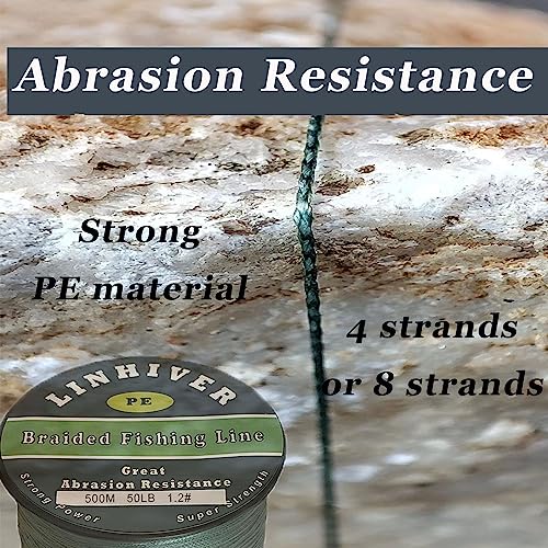 Braided Fishing Line, Strong Power, Great Abrasion Resistance, Thin Diameter, No Stretch, Low Memory and High Sensitivity(164/328/547/1093Yds) 10/15/20/30/40/50/60/70/80/100LB,4/8 Strands - color: Dark Green, size: 60LB-0.4mm-547YDS(500M)-4 Strands