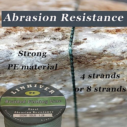 Braided Fishing Line, Strong Power, Great Abrasion Resistance, Thin Diameter, No Stretch, Low Memory and High Sensitivity(164/328/547/1093Yds) 10/15/20/30/40/50/60/70/80/100LB,4/8 Strands - color: Dark Green, size: 50LB-0.37mm-547YDS(500M)-8 Strands