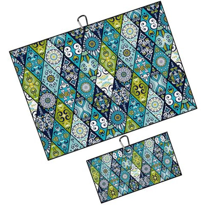 Blue Mandala Pattern Golf Towel for Golf's Bags Cart Rhombus Shapes Golf Towels with Clip Colorful Geometric Waffle Towels Bohemian Checkered Cleaning Cloth 2 Packs for Men, Birthday Present - color: Blue Green