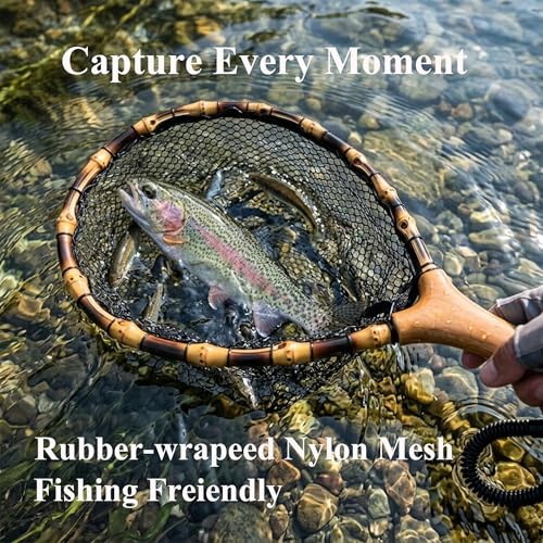 Floating Handcrafted Bamboo Fly Fishing Landing Net, Solid Wood Handle, Soft Rubber Coated Mesh for Trout, Kayak & Stream Fishing, Includes Magnetic Release & Safety Lanyard - size: Middle, style: Straight Handlebar