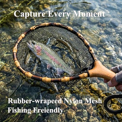 Floating Handcrafted Bamboo Fly Fishing Landing Net, Solid Wood Handle, Soft Rubber Coated Mesh for Trout, Kayak & Stream Fishing, Includes Magnetic Release & Safety Lanyard - size: Large, style: Straight Handlebar