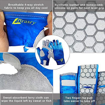 Drasry UV Protection Fishing Fingerless Gloves - Men & Women UPF 50+ SPF Gloves for Fishing, Kayak, Paddling, Hiking, Sailing, Rowing - color: Blue - Star Sky, size: Large