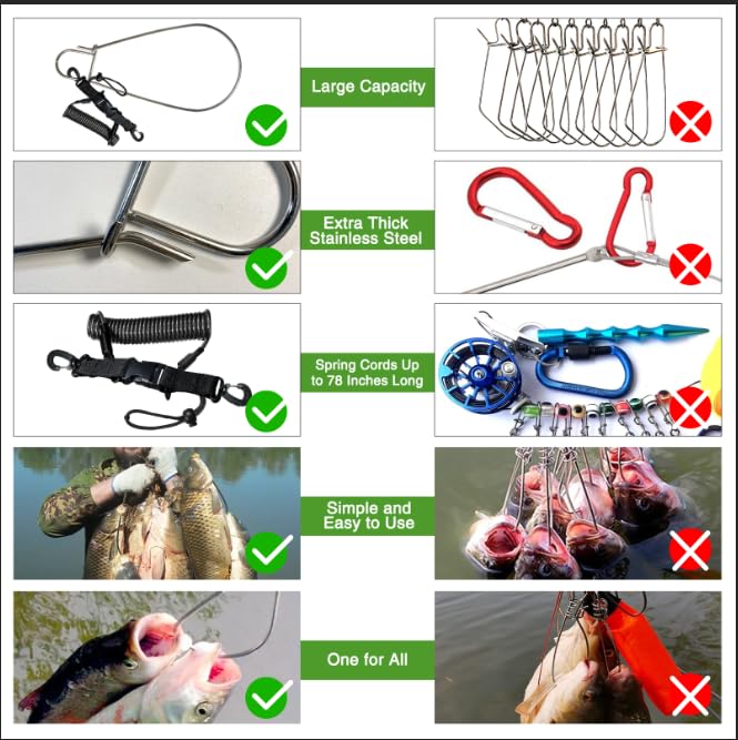 Fish Stringer Clip Large, Fishing Stringer Carry Multiple Large Fish, Quick Release 78”Steel Core Lanyard, Designed for Spearfishing, Kayak Fishing & Scuba Diving, Stainless - style: 2 Pack