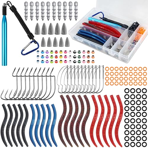 Wacky Rig Kit, 201pcs Bass Fishing Wacky Rig Tool Kit with Soft Plastics Lures Bass Hooks Nail Weights Bullet Sinkers O-Rings Fishing Lures Tackle Box Kit