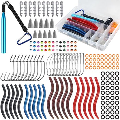 Wacky Rig Kit, 201pcs Bass Fishing Wacky Rig Tool Kit with Soft Plastics Lures Bass Hooks Nail Weights Bullet Sinkers O-Rings Fishing Lures Tackle Box Kit
