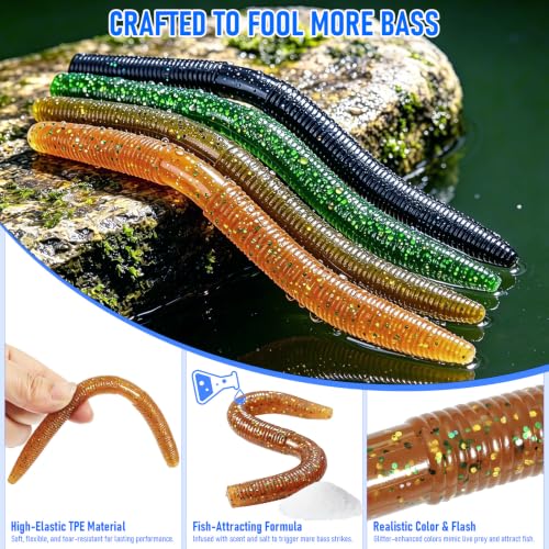 Wacky Worms for Bass Fishing, Fableblis 161Pcs 5.5" Soft Plastic Fishing Lures Kits, Fishing Worm Baits with Wacky Rig Tool, Thick O-Rings, Hooks, Weights, Complete Starter Kit for Freshwater Fishing