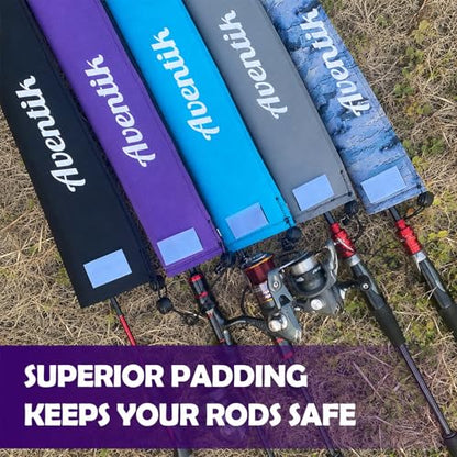 Aventik Lightproof Neoprene Rod Sleeve – Protective Fishing Rod Sock Cover with Hanging Loop & Adjustable Lanyard for Casting, Spinning & Trolling Rods - color: Grey+Blue+Purple, size: Length: 52''/1.32m