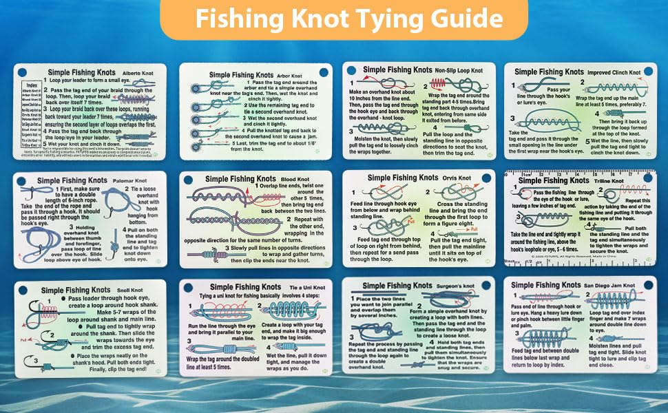 12 Ways to Tie Fishing Hook Card – Essential Fishing Knots for Hooks & Tackle – Waterproof Pocket Guide with Step-by-Step Instructions