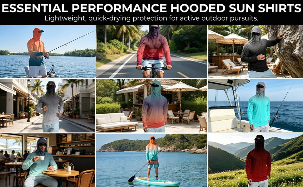 Men's UPF 50+ Sun Protection Hooded Shirt with Integrated Face Cover Long Sleeve Lightweight Rash Guard Shirts - color: Light Blue, size: X-Large