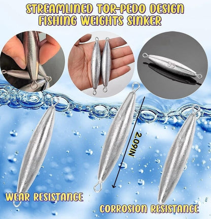 10PCS Fishing Weights Torpedo Sinkers Inline Trolling Sinkers Weights Kit Fishing Sinkers Catfishing Sinkers Saltwater Fishing Torpedo Weights Double Ring Sinkers - 1oz(30g) - size: 1.76oz(50g)-8 Pack