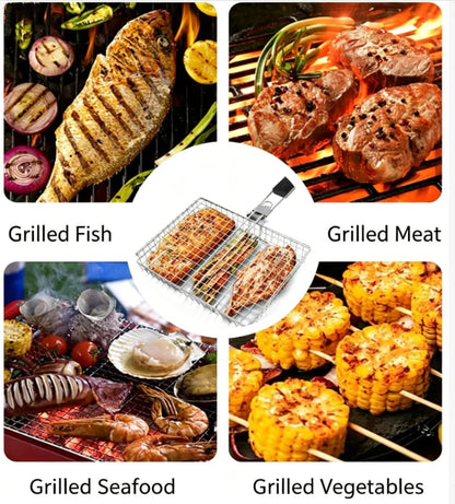 BBQ Grill Basket, 430 Food Grade Stainless Steel Lockable Fish Grill Basket with Removable Handle, Portable Grilling Rack for Whole Fish, Steak, Shrimp and Vegetables, Outdoor Camping Barbecue