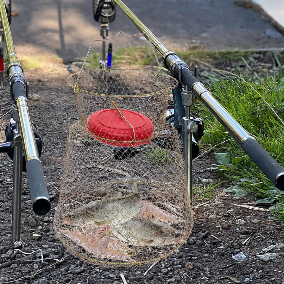SUPVOX Metal Fish Basket Wire Mesh Fishing Cage Crab Keeper with Floaters Portable Collapsible Fish Keeper for Fishing Enthusiasts