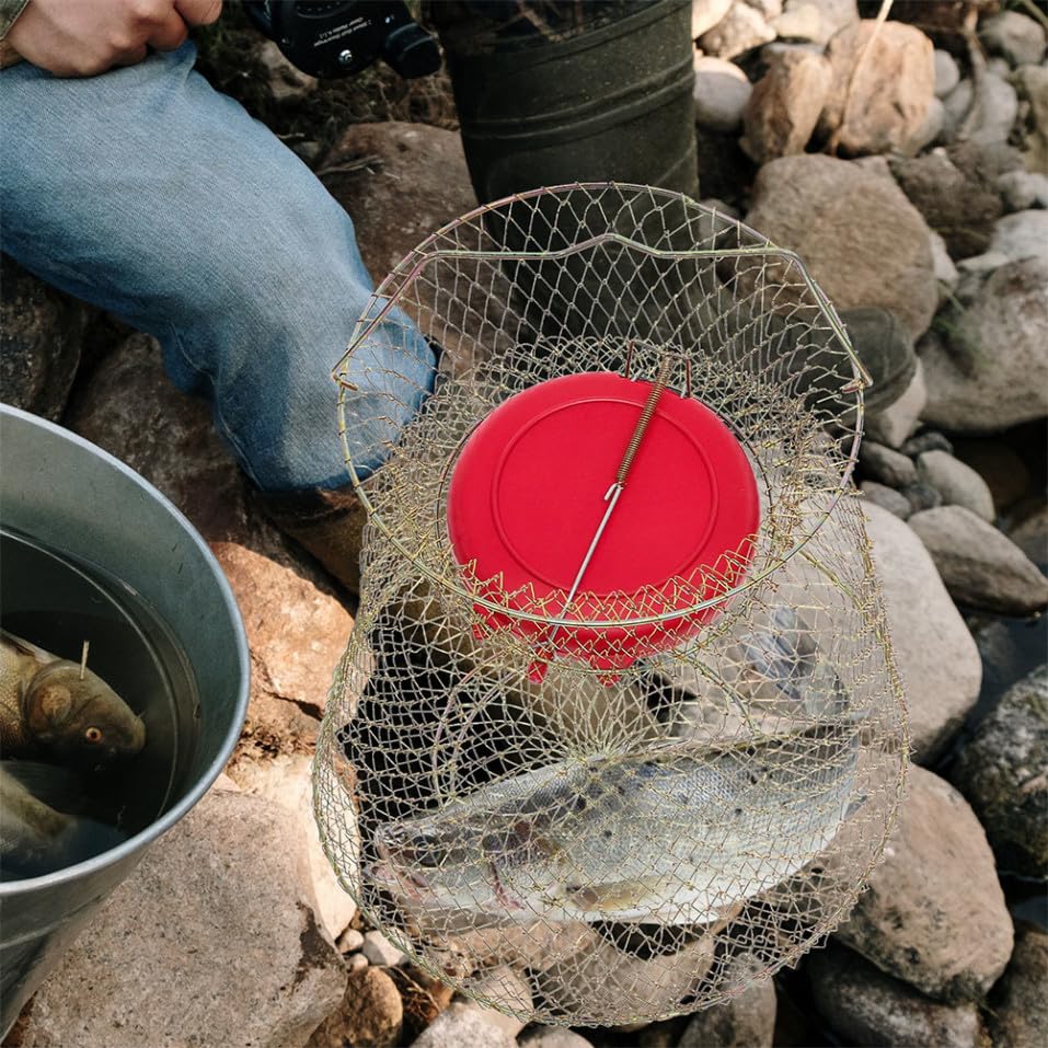 SUPVOX Metal Fish Basket Wire Mesh Fishing Cage Crab Keeper with Floaters Portable Collapsible Fish Keeper for Fishing Enthusiasts