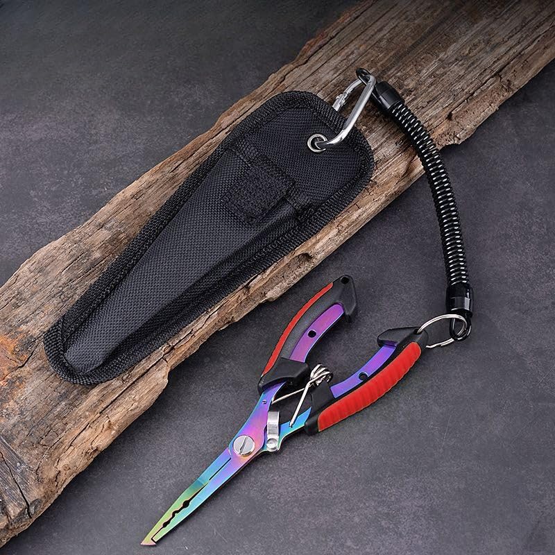 Multifunctional Stainless Steel Fishing Pliers, Curved Jaw with Titanium Split Ring Cutter, Line Scissors & Non-Slip Handle for Saltwater（red 1set） - color: Red