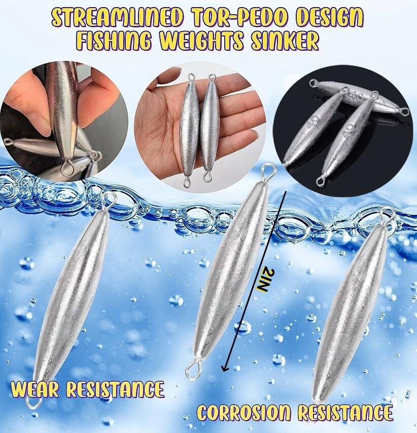 10PCS Fishing Weights Torpedo Sinkers Inline Trolling Sinkers Weights Kit Fishing Sinkers Catfishing Sinkers Saltwater Fishing Torpedo Weights Double Ring Sinkers - 1oz(30g) - size: 1.4oz(40g)-8 Pack
