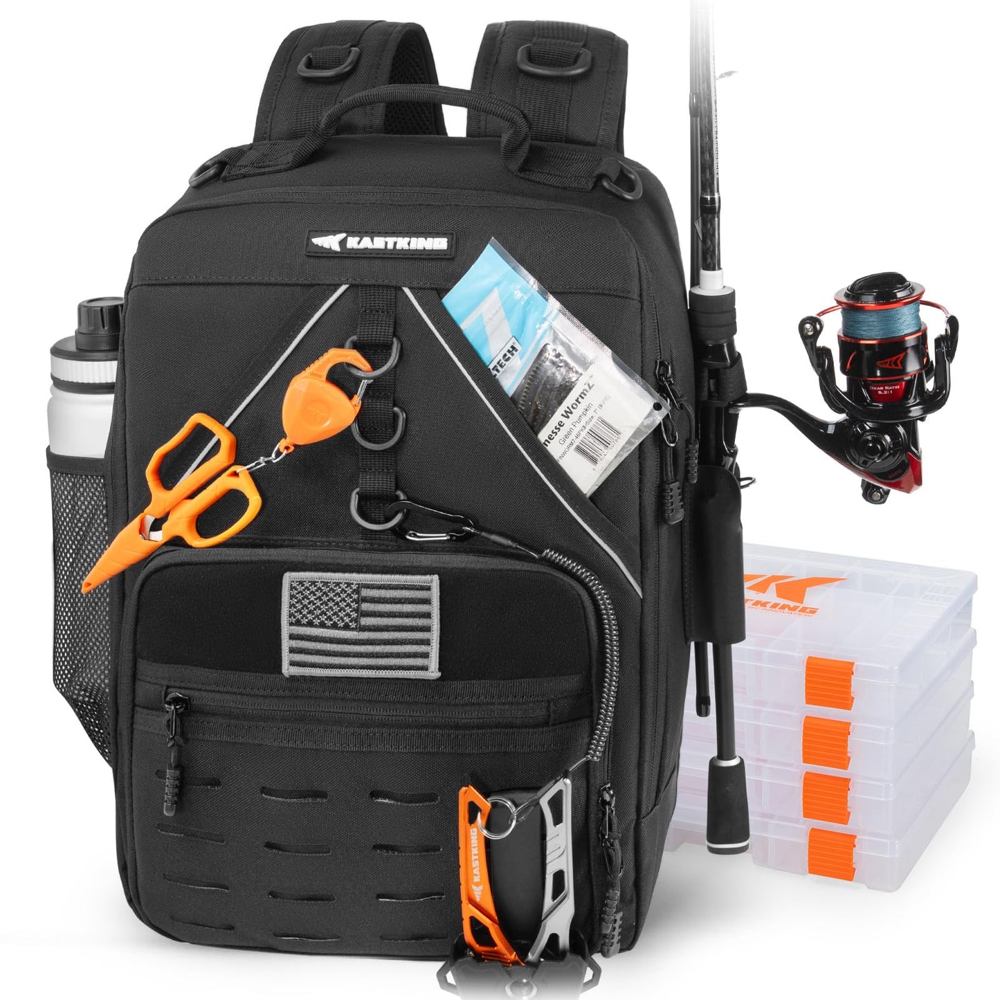 KastKing KarryAll Fishing Tackle Backpack with Rod Holder 4 Tackle Boxes,40/26L Tackle Bag Storage Fishing Gear and Equipment - color: D: Medium (26 L) - Black